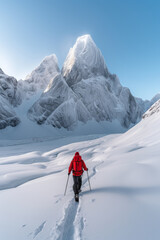 Fototapeta na wymiar Solo Adventurer Trekking Towards Snow-Covered Mountain Peak