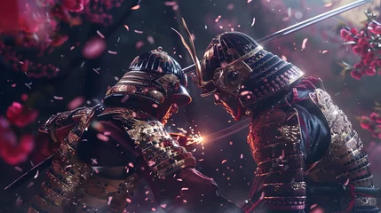Foto op Plexiglas Epic Samurai Battle Scene Create a dynamic 3D anime composition depicting a fierce battle between two samurai warriors in a moonlit forest. © Phata