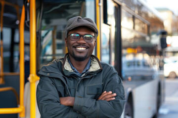 Happy bus driver standing with arms crossed at looking at camera