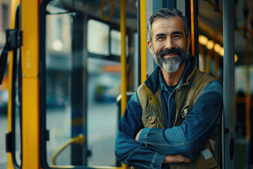 Happy bus driver standing with arms crossed at looking at camera