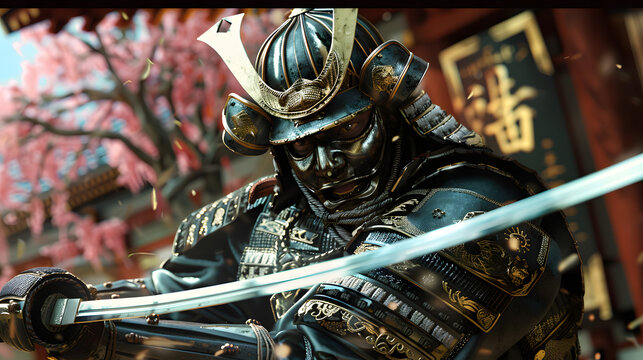 Craft a stunning 3D anime image showcasing a skilled samurai in traditional armor, wielding a gleaming katana with golden accents. The background feature intricate Japanese art and calligraphy.