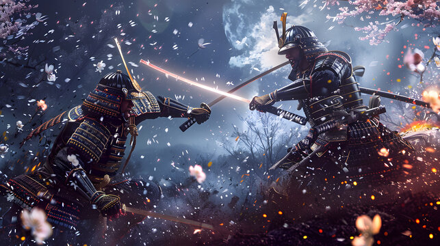 Epic Samurai Battle Scene Create a dynamic 3D anime composition depicting a fierce battle between two samurai warriors in a moonlit forest.