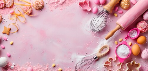 Cute pink sweet baking flat lay for Easter holiday