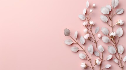 A branch covered in white leaves stands out against a soft pink backdrop, creating a contrast of colors in a minimalist composition