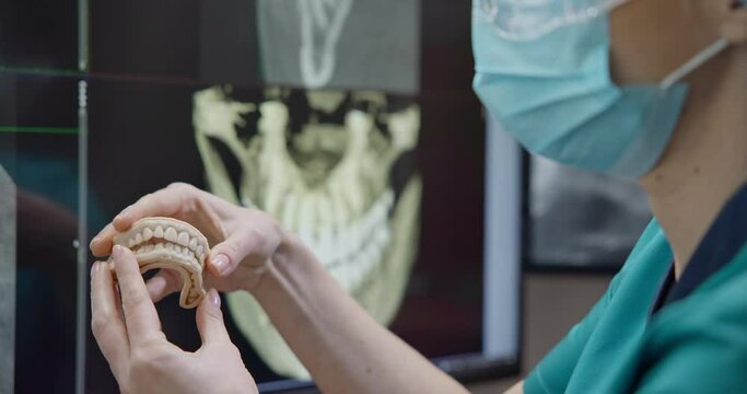 Orthopedic dentist doctor holds teeth 3d printed model of the patient's jaw on x-ray background