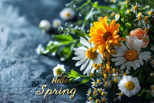 A vivid arrangement of spring flowers with 'Hello Spring' text, showcasing seasonal bloom - Powered by Adobe