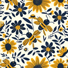 Abwaschbare Fototapete Navy and Yellow Bee Garden Pattern Design  © Rumpa