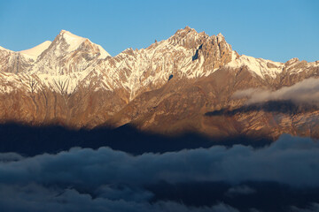 Beautiful View of Mountains from Muktinath in Mustang of Nepal at early morning due to sunrise