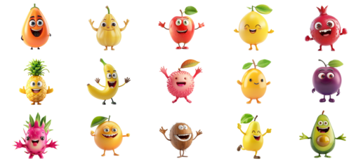 Collection of colorful cartoon fruit characters with cheerful expressions isolated on a transparent background, ideal for educational materials or healthy eating concepts