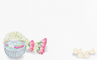 Hand-painted, watercolor-style, on paper. About the equipment that represents Songkran in Thailand: water bowls with floating flowers, jasmine and rose garlands with chalk used during this festival.
