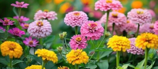 A cluster of blooming pink and yellow daisies and zinnias scattered amidst rich green grass, adding a burst of color to the serene outdoor setting.