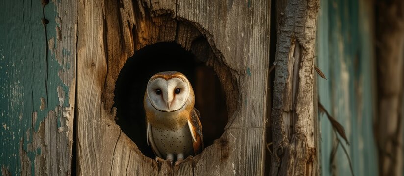 At dusk, a Barn Owl perches in a hole in an agricultural outbuilding while hunting.