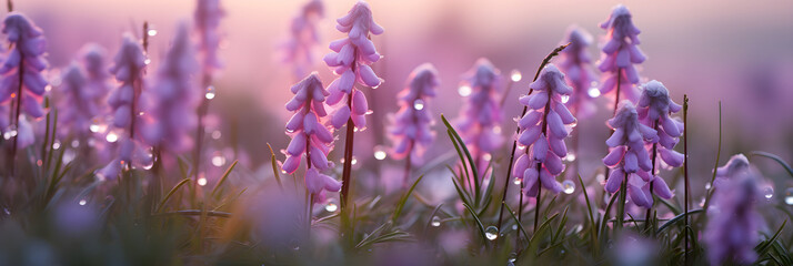 Morning Dew on Delicate Blooms of Heather Flowers: A Symbol of Scottish Wilderness - obrazy, fototapety, plakaty