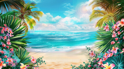 Fototapeta na wymiar Colorful beach by the sea with palms and tropical flowers. Background with copy space. Seascape with exotic plants frame.