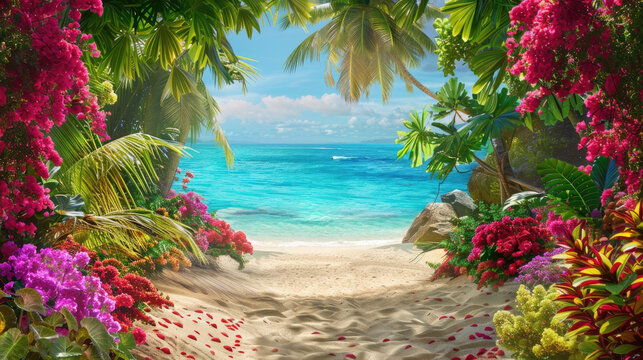 Colorful beach by the sea with palms and tropical flowers. Background with copy space. Seascape with exotic plants frame.