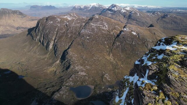 Aerial epic mountain landscape, Coigach, Highlands, Scotland