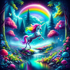 Neon-hued unicorn set within a fantastical landscape filled with rainbows