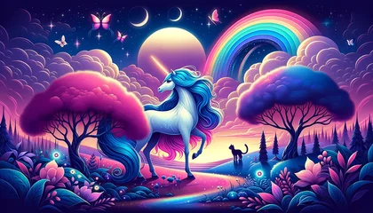 Gordijnen Neon-hued unicorn set within a fantastical landscape filled with rainbows © Diana Zelenko