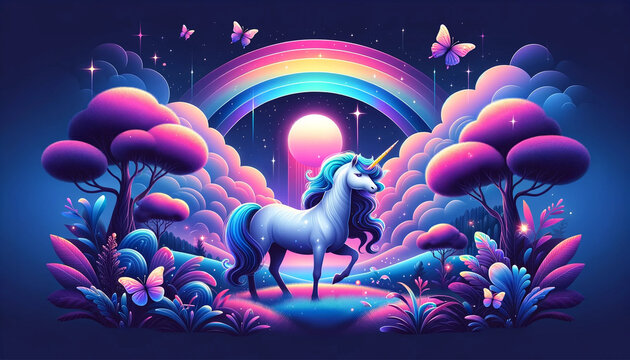 Neon-hued unicorn set within a fantastical landscape filled with rainbows