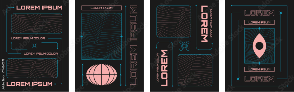 Poster poster and banner template with wireframe abstract pattern with liquid shape and simple geometric st