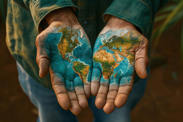 Celebration of earth day with man’s hands patterned with a world map - obrazy, fototapety, plakaty