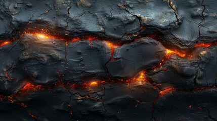 Texture of charred logs with hints of glowing red and yellow flames peeking through the cracks.
