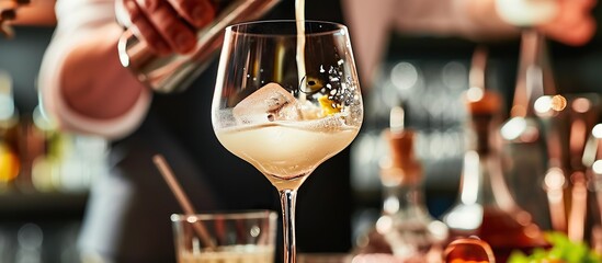 bartender is mixing alcoholic drinks in a nightclub.