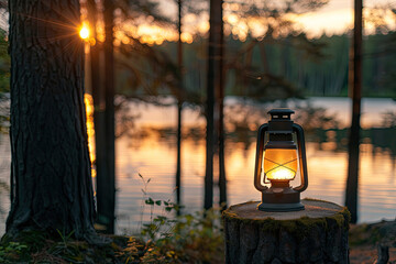 Camping lantern on the stump in the forest at sunset - obrazy, fototapety, plakaty