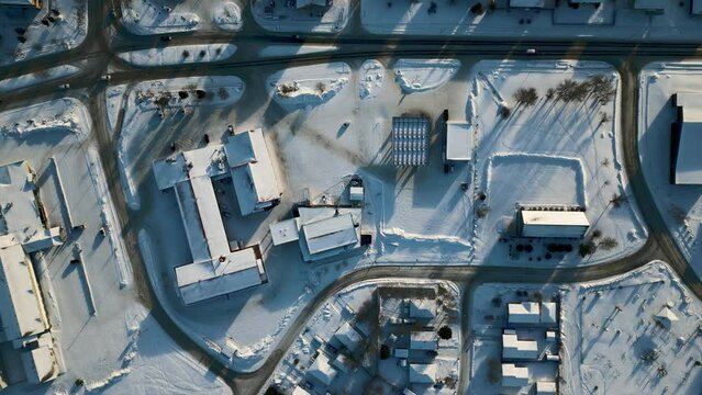 Overhead Layout Drone Wide Shot of the Mystery Lake Hotel in the Nisichawayasihk Cree Nation Urban Reserve in Thompson Manitoba Northern Remote Canada