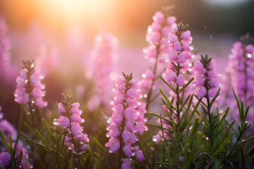 Morning Dew on Delicate Blooms of Heather Flowers: A Symbol of Scottish Wilderness