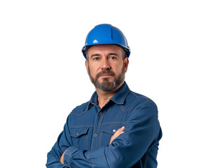 Confident male worker in blue uniform and safety helmet, arms crossed, isolated on a transparent background  ideal for Labor Day promotions Ethnicity unspecified