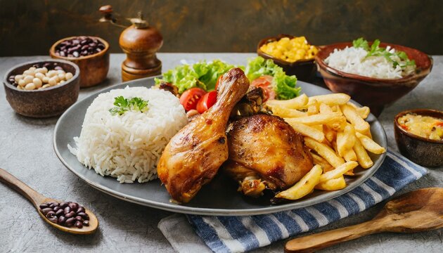 Prato com coxa de frango, arroz branco cozido, feij&atilde;o, batata frita e alface.
