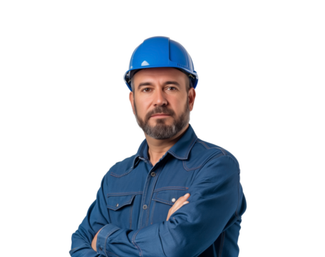 Confident male worker in blue uniform and safety helmet, arms crossed, isolated on a transparent background  ideal for Labor Day promotions Ethnicity unspecified