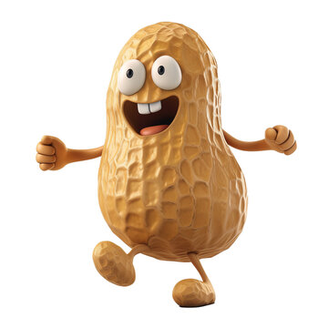 Cheerful anthropomorphic peanut character isolated on transparent background, cartoon-style nut mascot running happily, ideal for food-related advertising or concepts