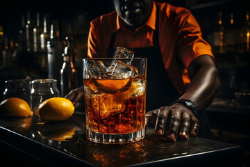 Bartender afroamericano presentando la bebida con hielos y limones en la barra del bar