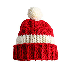 Hand-knitted red and transparent winter beanie hat with pom-pom isolated on a transparent background, ideal for Christmas or winter holiday concepts