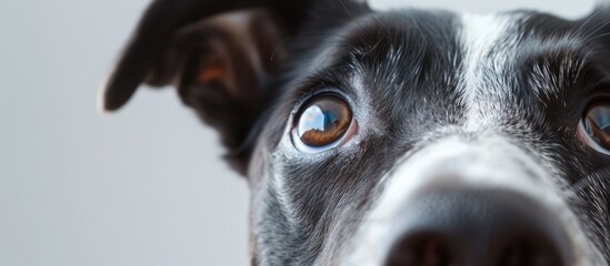 A close-up view of a black and white dogs face, showcasing its distinct markings, expressive eyes, and alert expression. The dogs eyes are being examined by an expert veterinarian for any signs of - obrazy, fototapety, plakaty