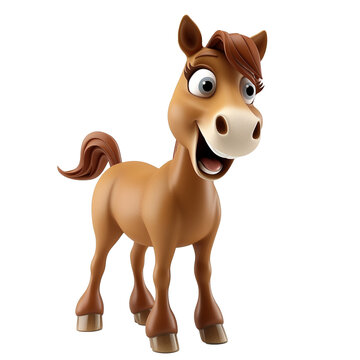 3D illustration of a cheerful cartoon horse character smiling, with a brown coat and mane, isolated on a transparent background, suitable for children's content and educational materials