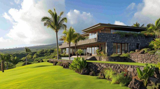 Standing tall on a lush green hill this home is a masterpiece of volcanic stone. Its innovative design accounts for the everpresent threat of eruptions making it both safe