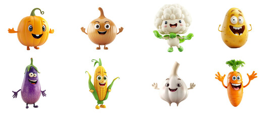 Set of colorful cartoon vegetables characters with happy faces isolated on a transparent background, perfect for educational materials, children's content, and festive decorations