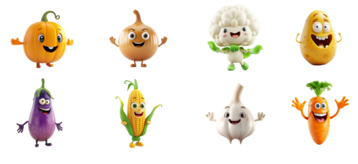 Set of colorful cartoon vegetables characters with happy faces isolated on a transparent background, perfect for educational materials, children's content, and festive decorations