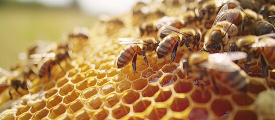 A close-up view of a large group of bees clustered on a honeycomb within an apiary on a sunny summer day. The bees are intricately working together to collect and store honey within the bee colony.
