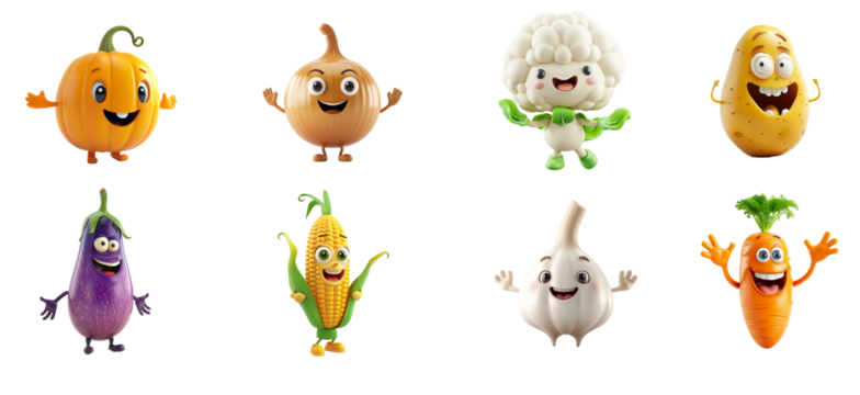 Set of colorful cartoon vegetables characters with happy faces isolated on a transparent background, perfect for educational materials, children's content, and festive decorations