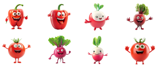 Collection of eight animated vegetables with smiling faces, including bell pepper, radish, and beet, isolated on a transparent background, ideal for educational and nutritional concepts