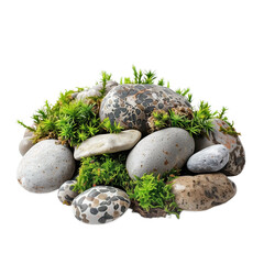 Fototapeta na wymiar Assorted speckled eggs nestled in moss and stones, symbolizing spring or Easter, isolated on a transparent background