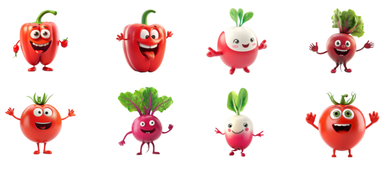 Collection of eight animated vegetables with smiling faces, including bell pepper, radish, and beet, isolated on a transparent background, ideal for educational and nutritional concepts
