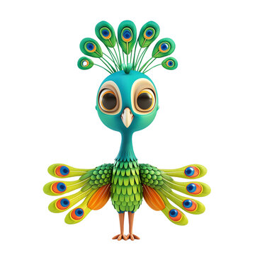 Colorful cartoon peacock with vibrant feathers isolated on a transparent background, ideal for children's book illustrations and festive designs