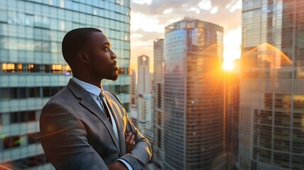 Successful black businessman looking out over city