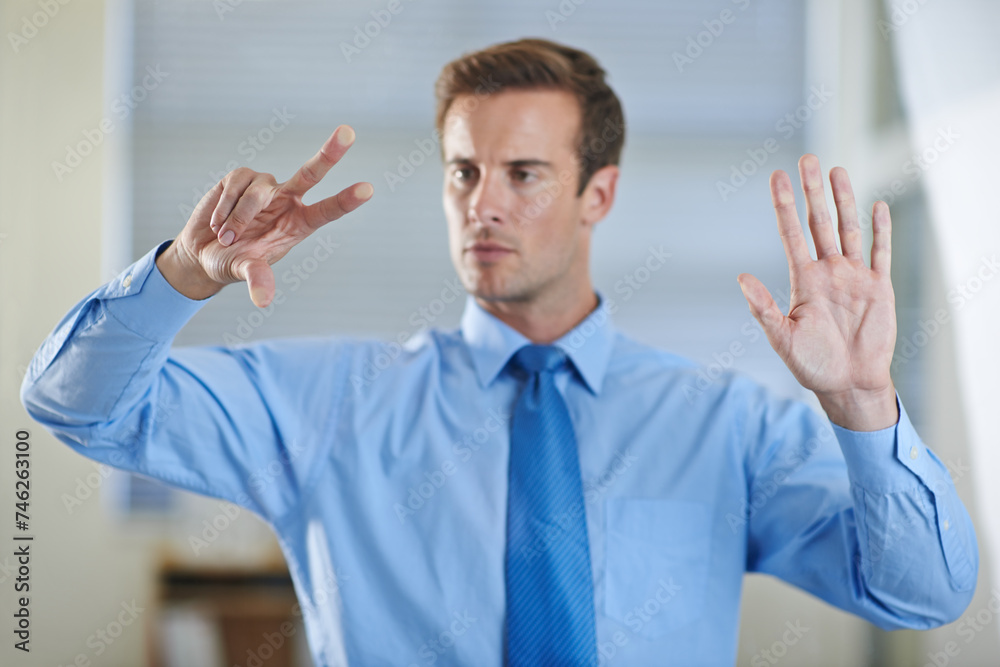 Poster futuristic, security or hand of businessman with technology for hologram or overlay for biometrics. 