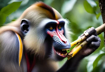 Fototapete Rund Close view of Mandrill monkey biting tree branch © Ghulam